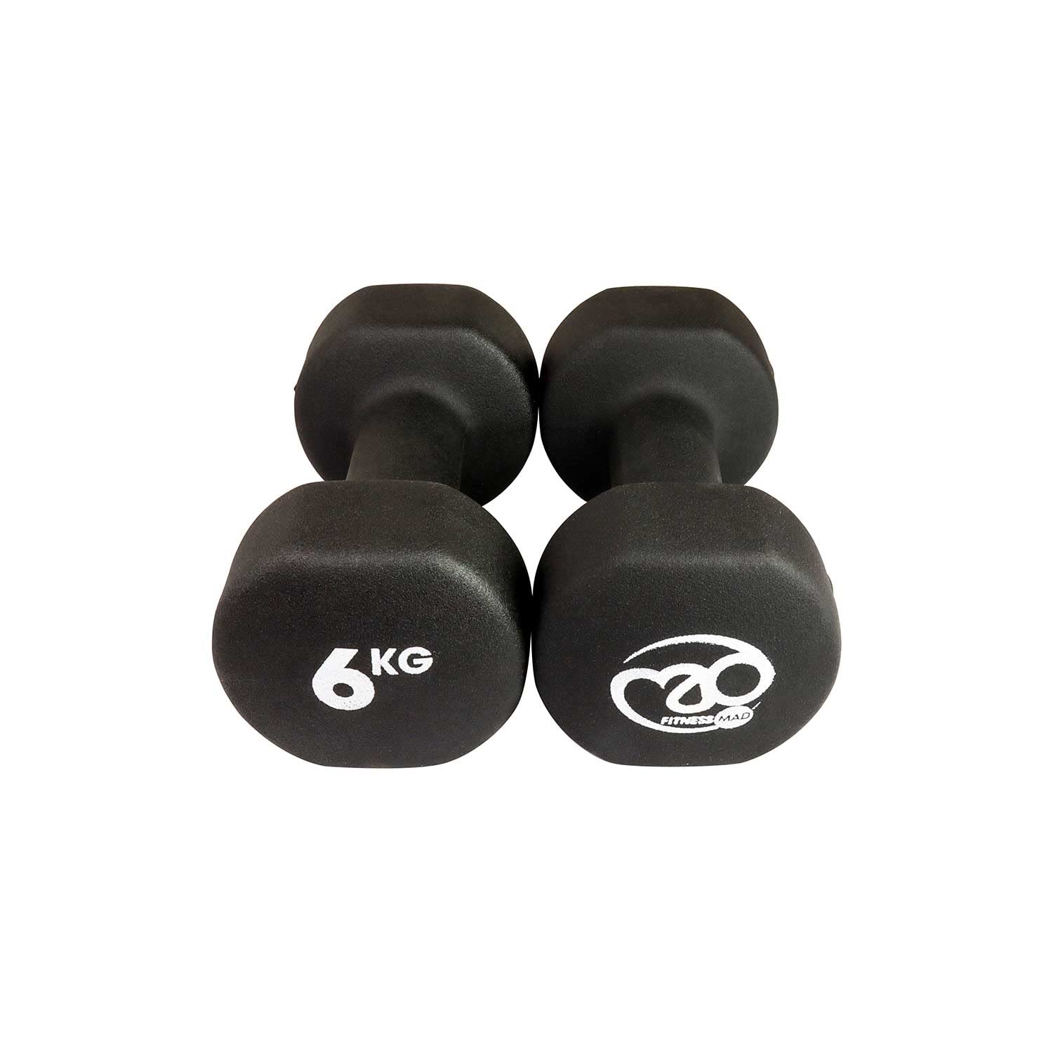 Fitness Mad Neoprene Hex Dumbbells – Pair of 6kg Cast Iron Hand Weights