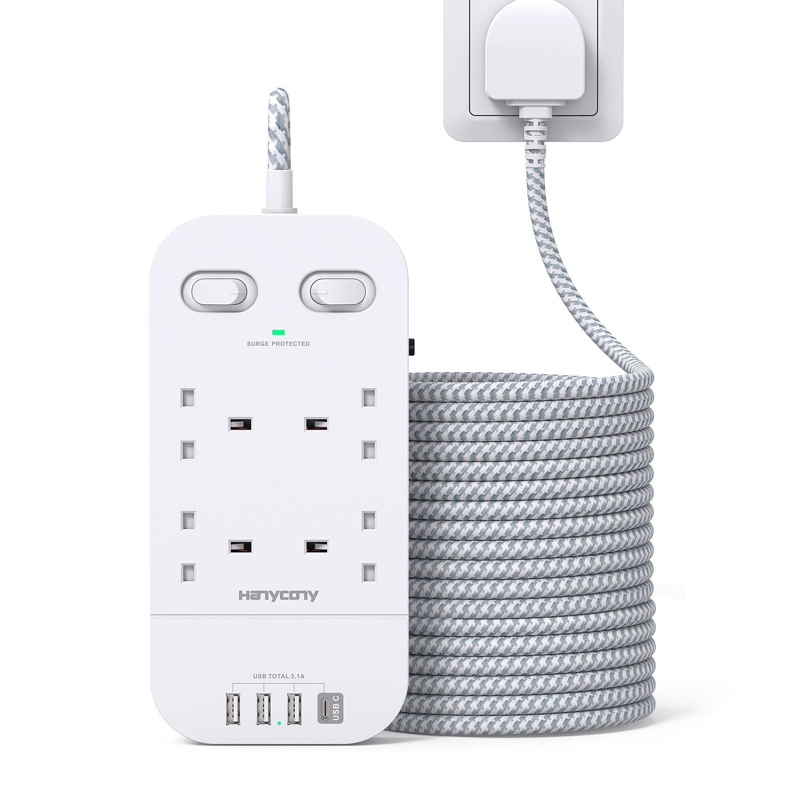 Jolof Store 4 Way Surge Protected Extension Lead with USB C - 5M Braided