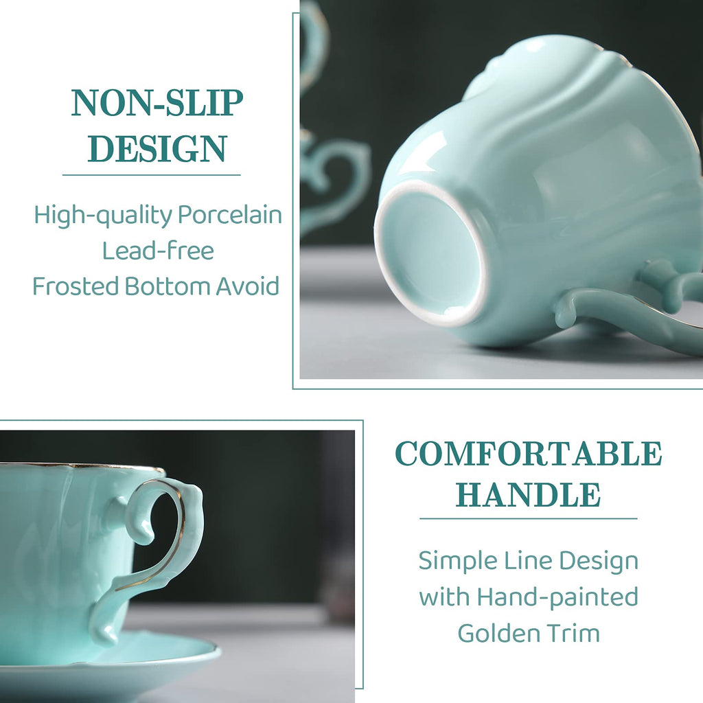 DUJUST Porcelain Tea Cups and Saucers Set of 4 with Stand - Nile Blue