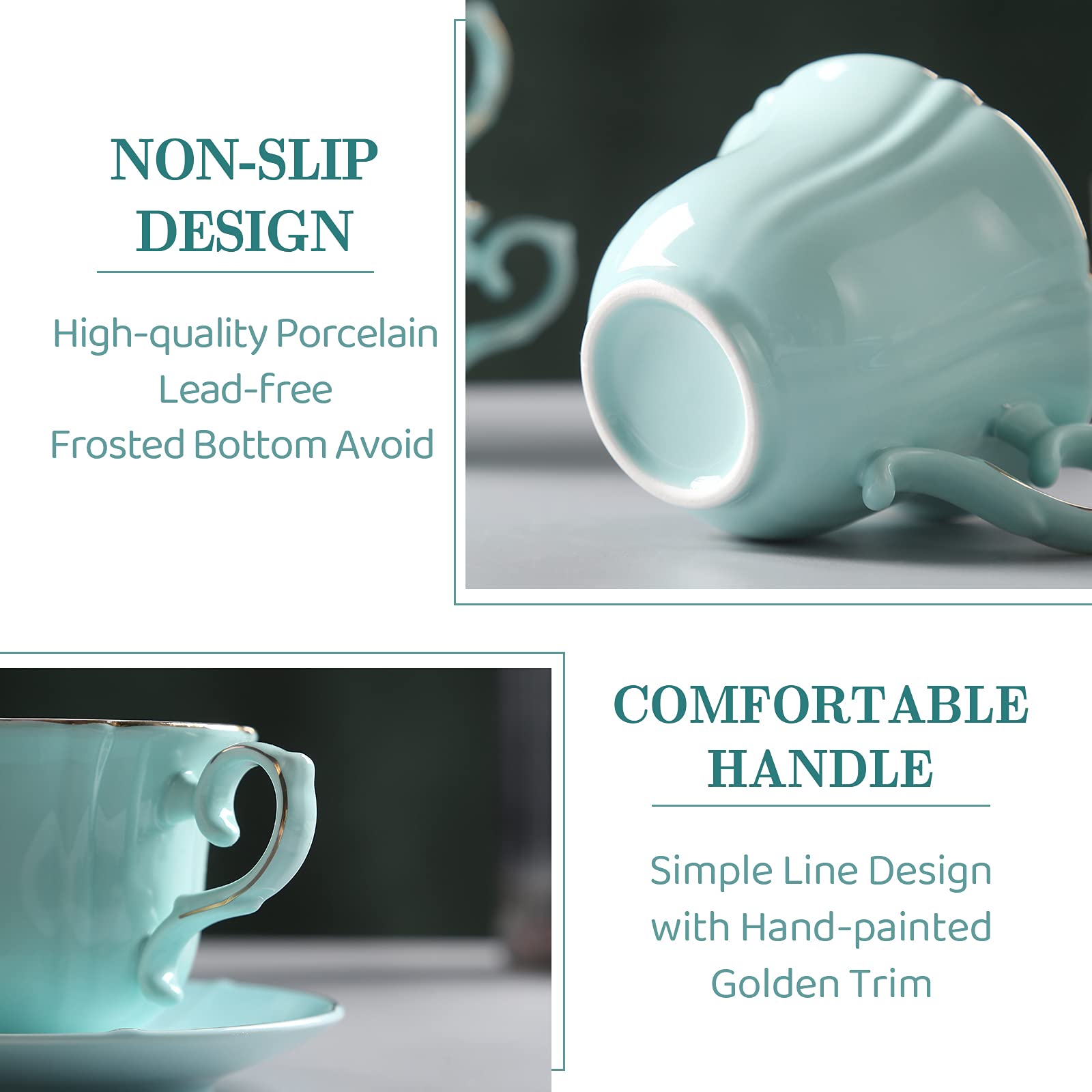 DUJUST Porcelain Tea Cups and Saucers Set of 4 with Stand - Nile Blue