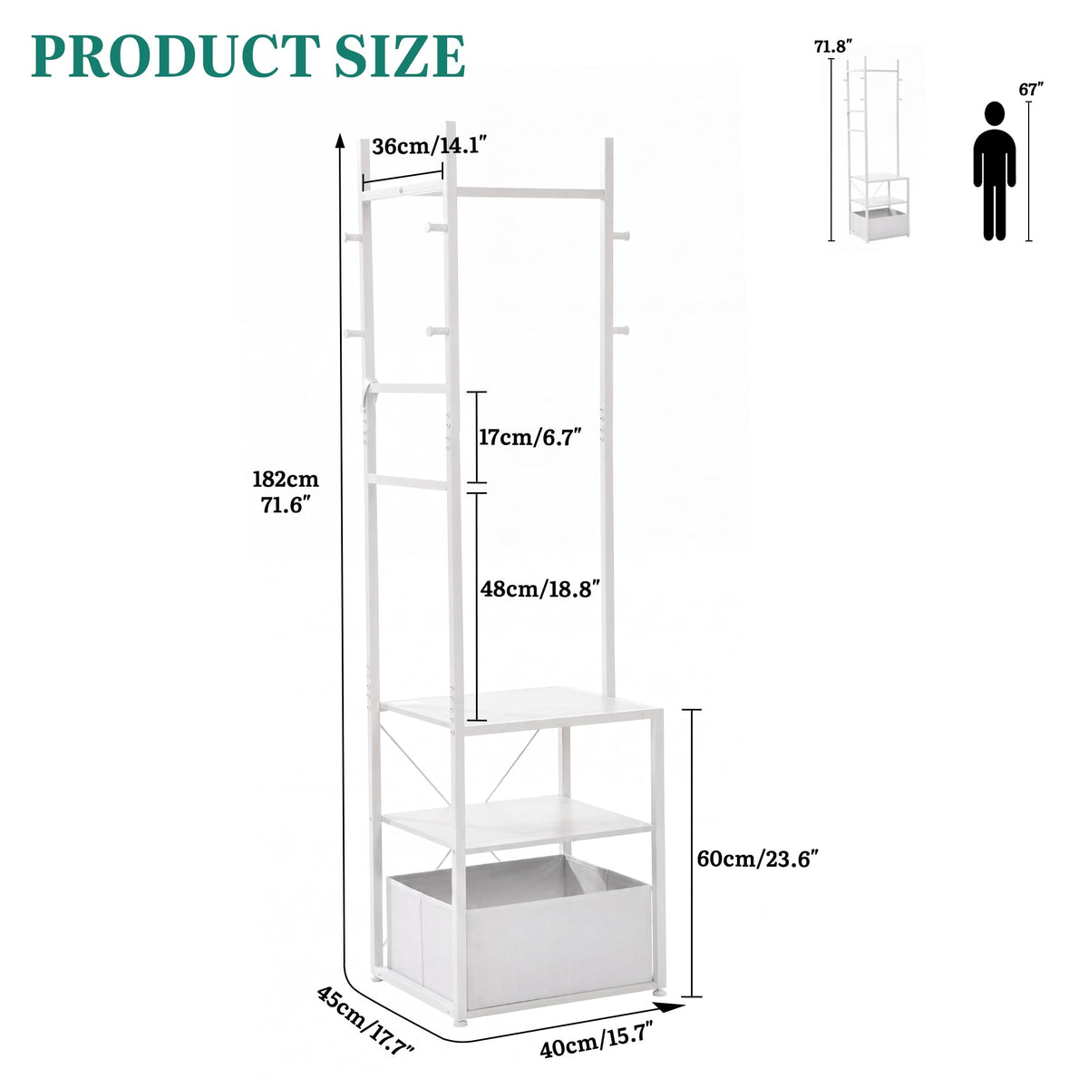 YITAHOME Coat Stand, Clothes Rack Hall Tree with Shelves & Hooks, White - image 3