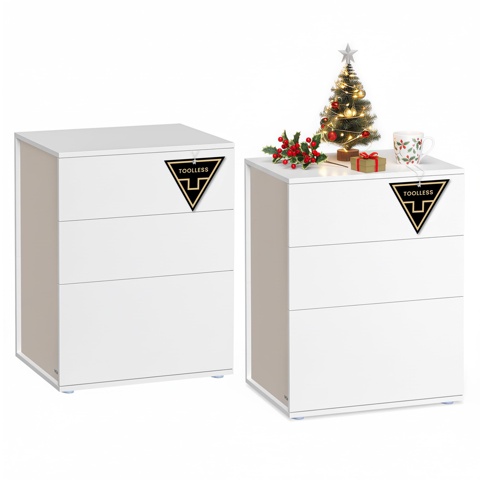 VASAGLE Set of 2 Bedside Tables – 3-Drawer Modern Nightstand, White