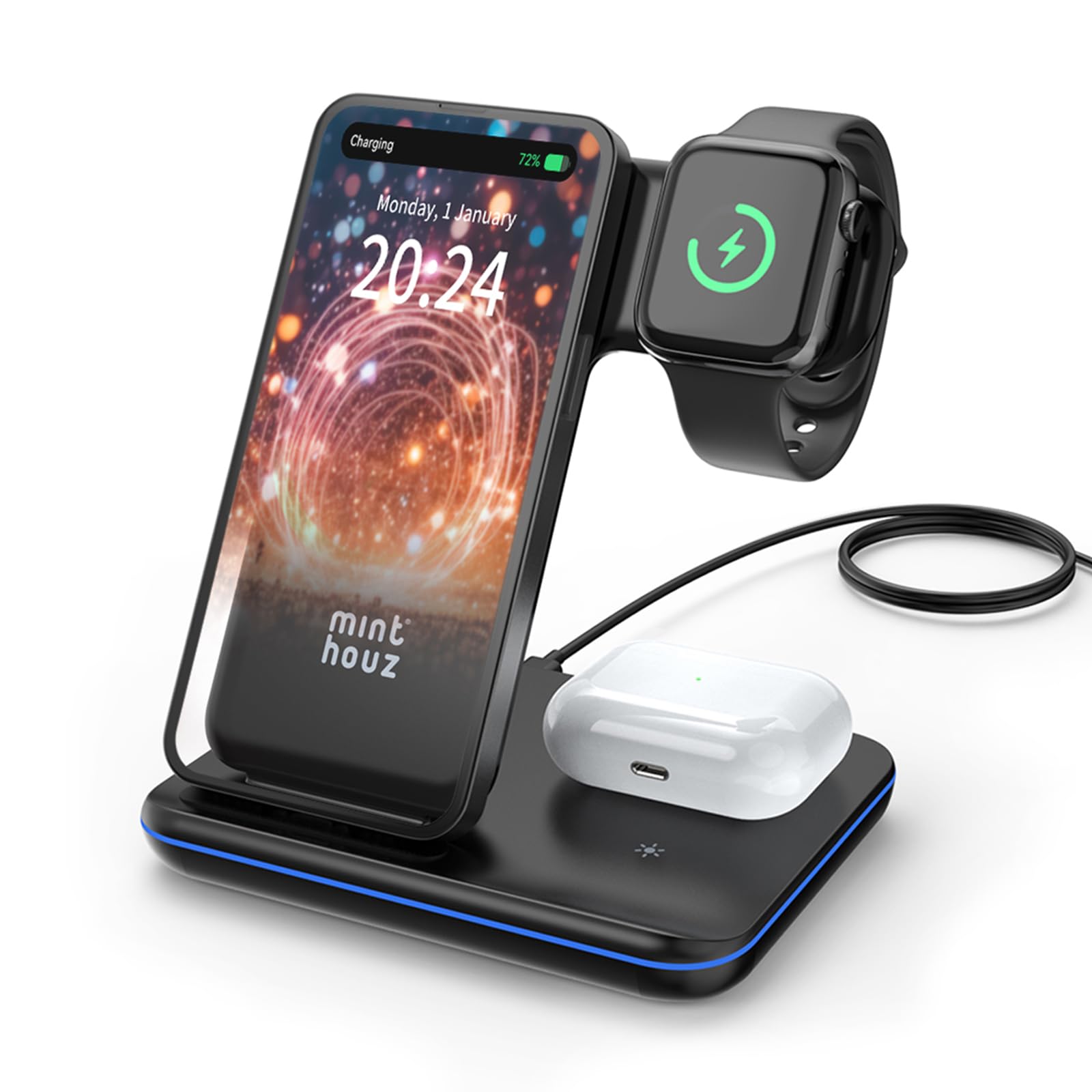 Minthouz 3-in-1 Wireless Charging Station with 18W Adapter for Apple