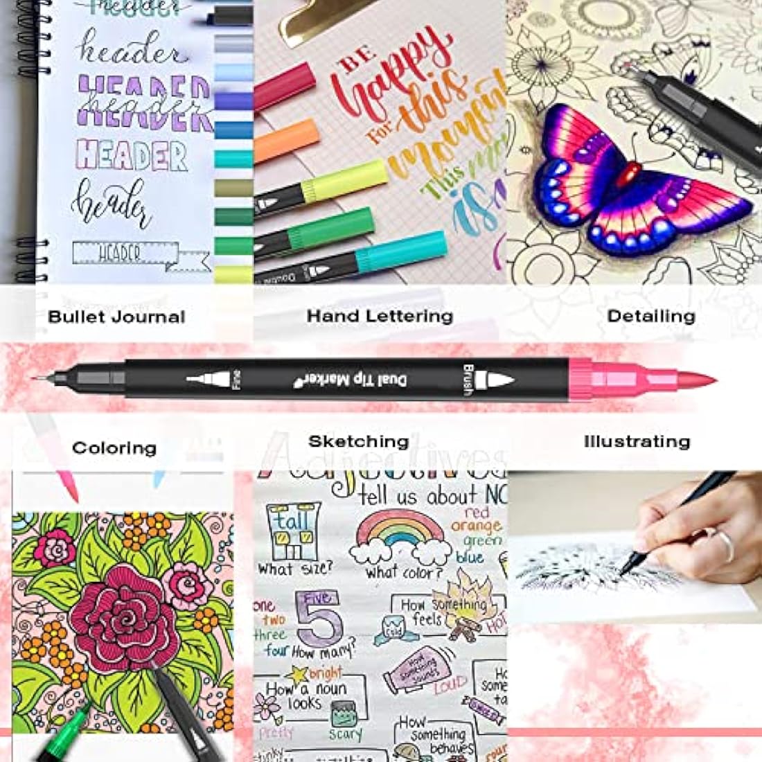 Sanyetral 168 Dual Tip Brush Pens | Art Set with Coloring Book