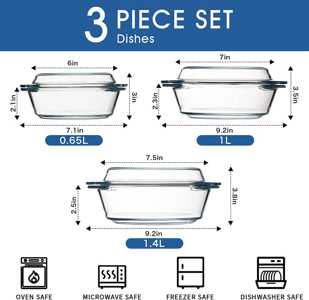 Jolof Store Glass Casserole Dish Set with Lids – 3 Piece Oven Safe Set