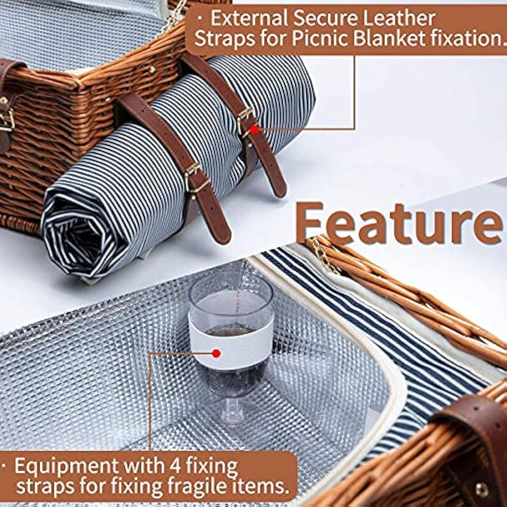 Jolof Store Wicker Picnic Basket for 4 with Insulated Cooler & Blanket