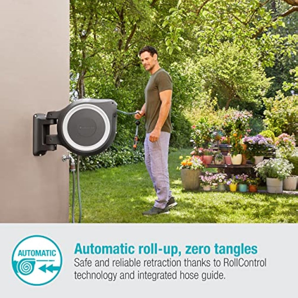 Gardena RollUp L Wall-Mounted Hose Box | 30m Retractable Reel - White