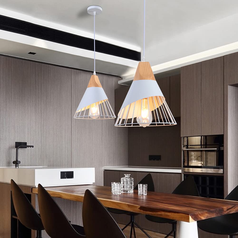 White Modern Pendant Light – Industrial Wood Hanging Fixture