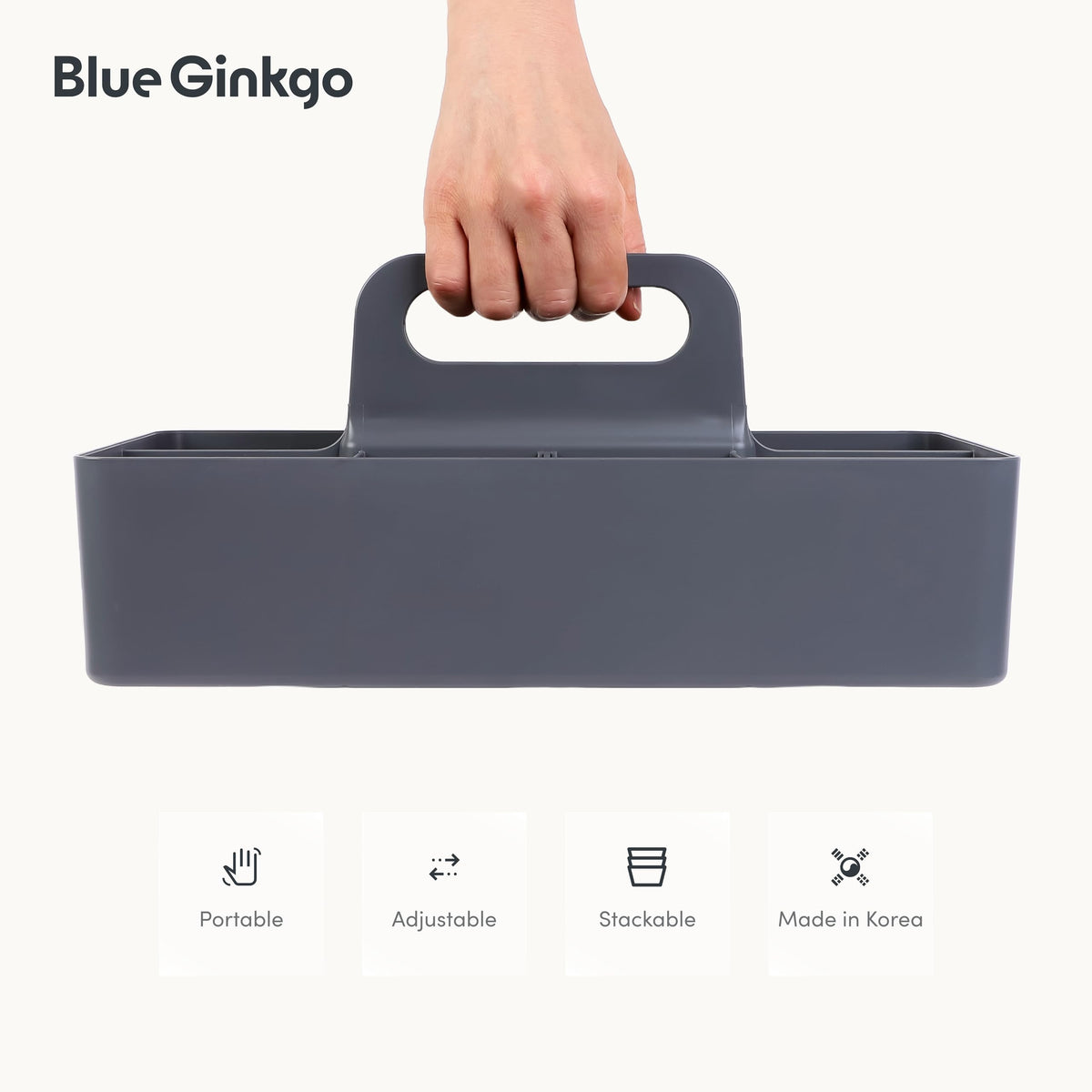 BLUE GINKGO Stackable Organizer Caddy – Korean-Made Portable Tote for Bathroom, Office, Crafts, or School Supplies Long Rectangle, Grey - image 5