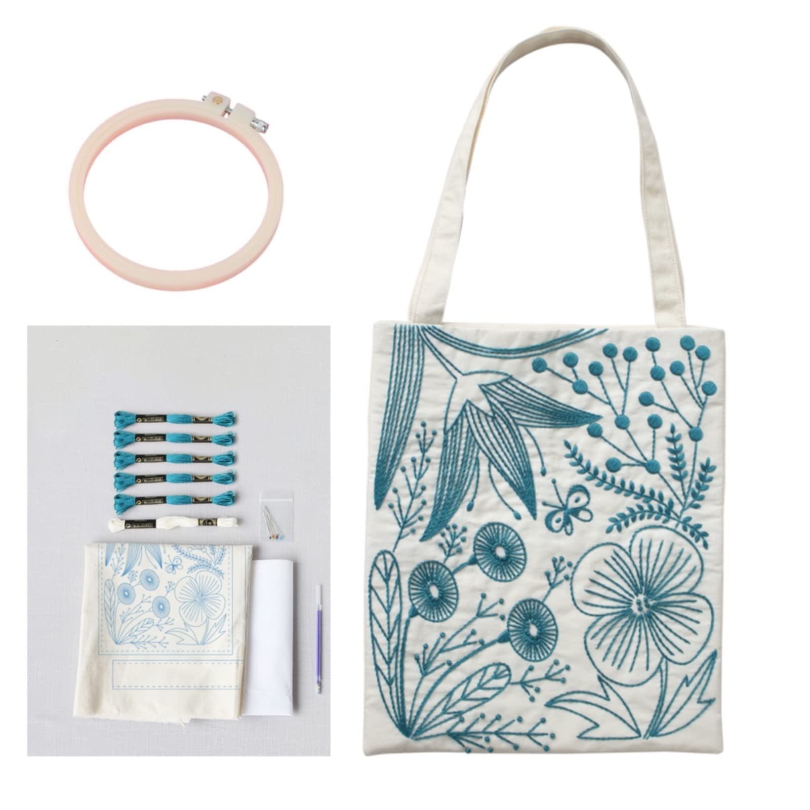 Smart-Feather Flower Embroidery Kit Tote Bag for Beginners with Hoop