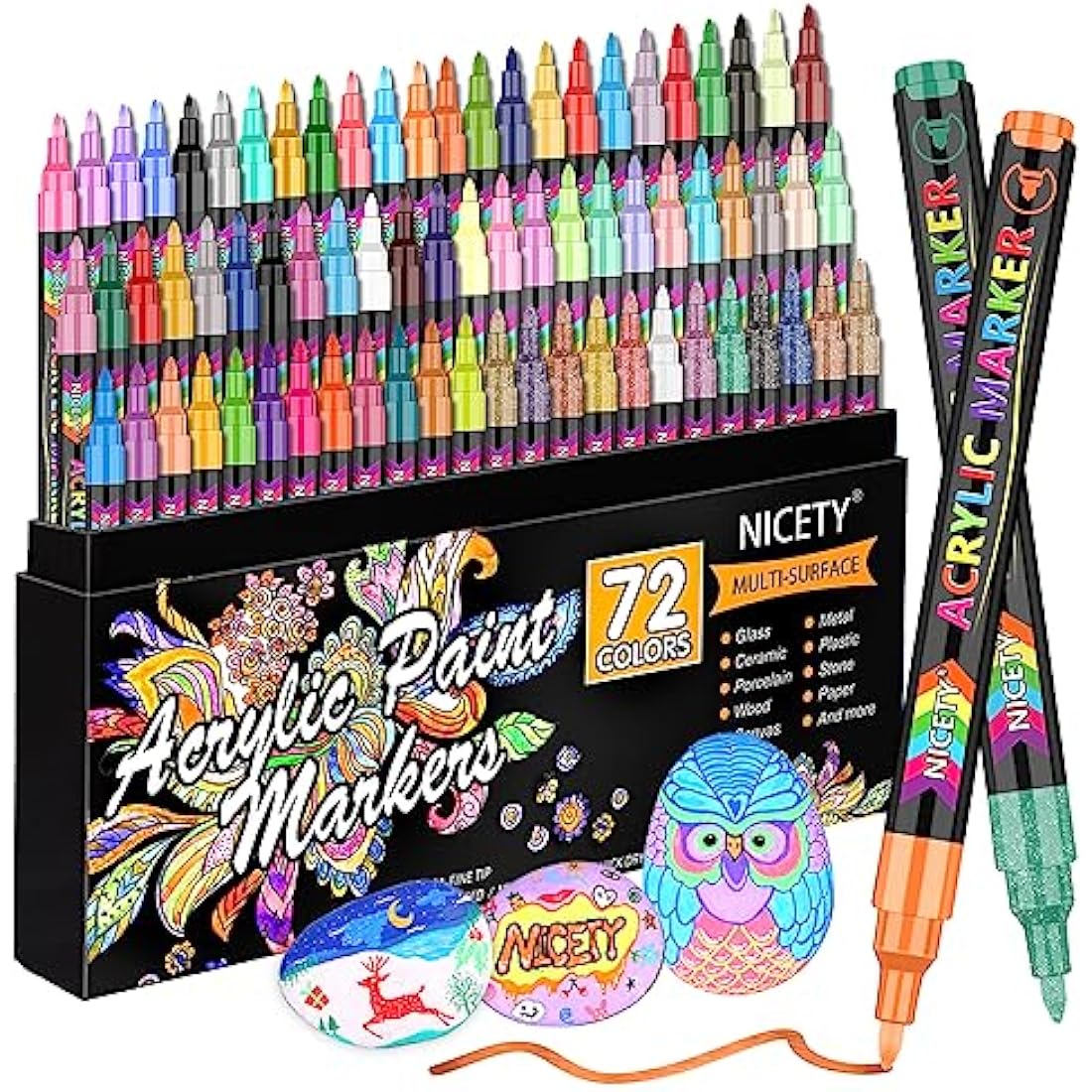 NICETY Acrylic Paint Pens - 72 Colors Extra Fine Tip Markers for Rock Painting