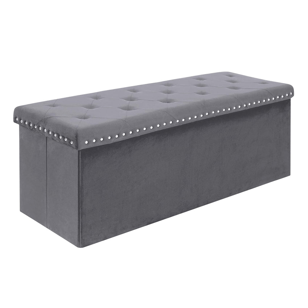 Bonlife Grey Velvet Storage Ottoman Bench – Large Folding Footstool
