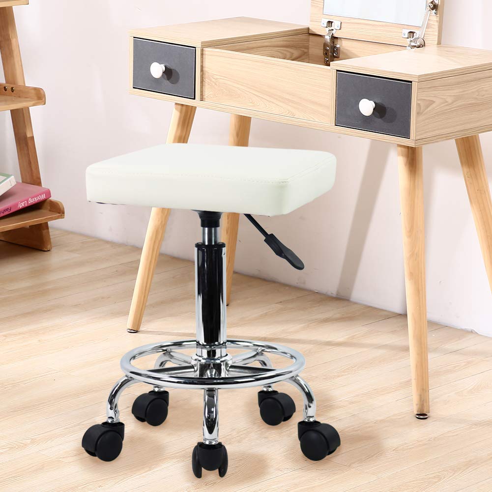 KKTONER Square Rolling Stool PU Leather Height Adjustable Swivel Massage SPA Salon Stools Task Chair with Wheels White
