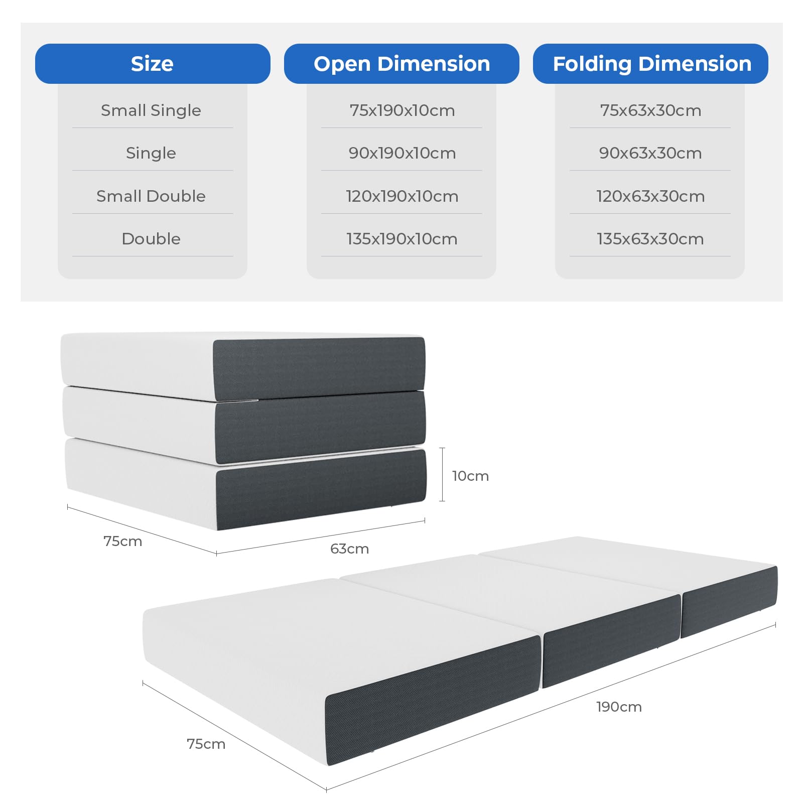 Vesgantti Tri-fold Mattress | 10cm Gel Memory Foam Small Single Guest Bed