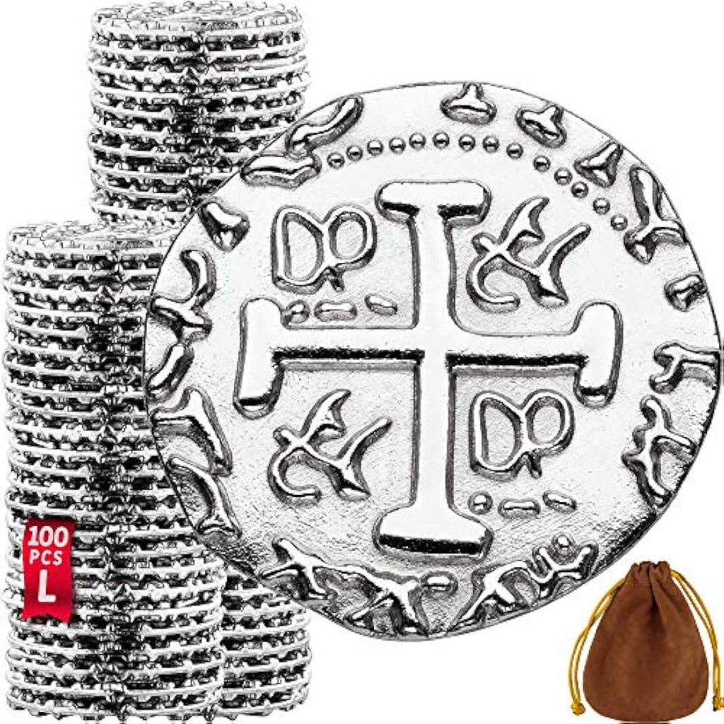 100pc Silver Metal Pirate Coins – 27mm Replica Doubloon Set