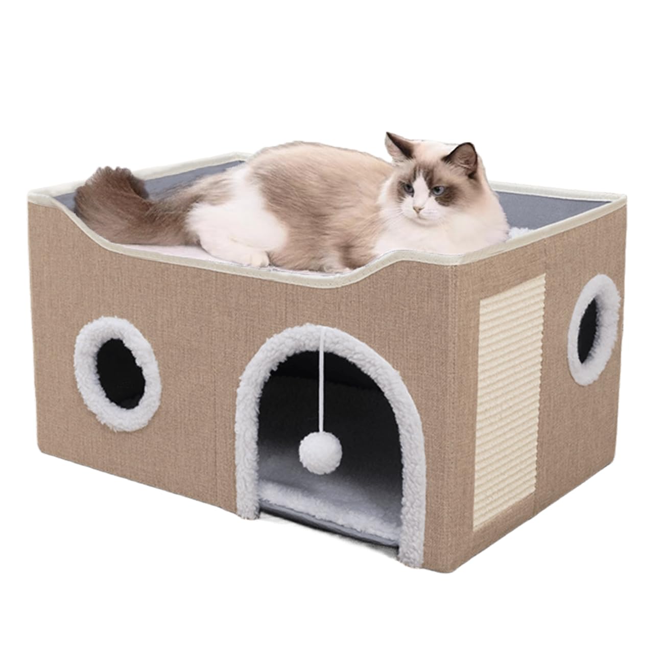 ERNAN Foldable Cat House – Large Indoor Cave Bed with Scratching Board