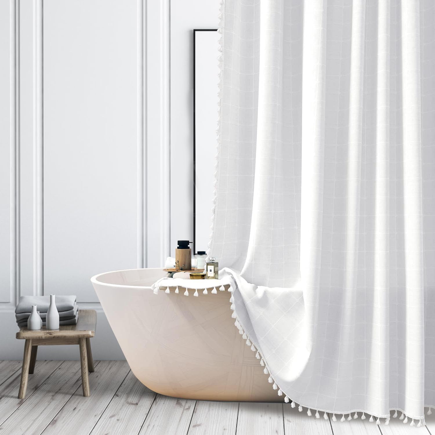 Boho Farmhouse Shower Curtain | Heavy Duty Linen with Tassels