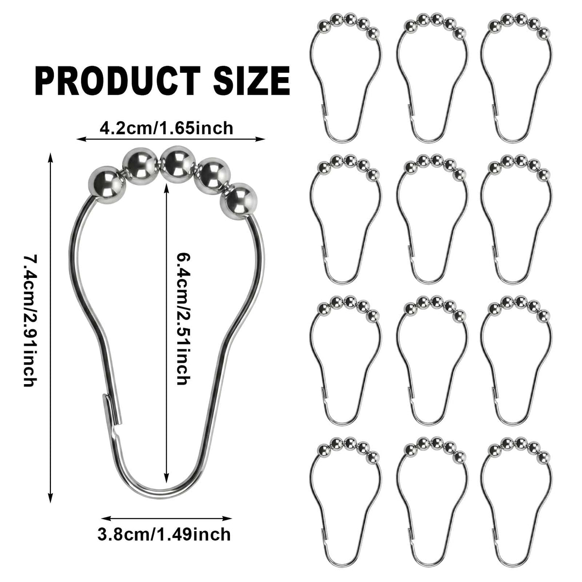 12 Pcs Stainless Steel Shower Curtain Hooks, Rustproof Metal Shower Curtain Rings with Roller Balls - image 2