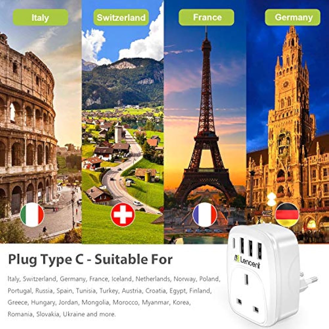 LENCENT UK to EU Travel Adapter – 2 Pack with 4 USB Ports (Type C)