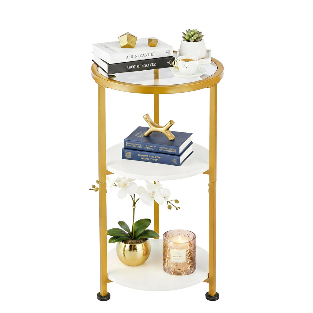 ZEXVIDA 3-Tier Tempered Glass Side Table, White & Gold - image 1