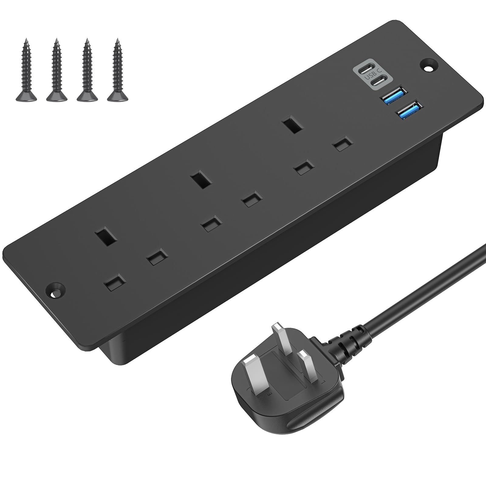 ANVODE Recessed Desk Power Socket | 3 Outlets, 4 USB Ports & 2M Lead