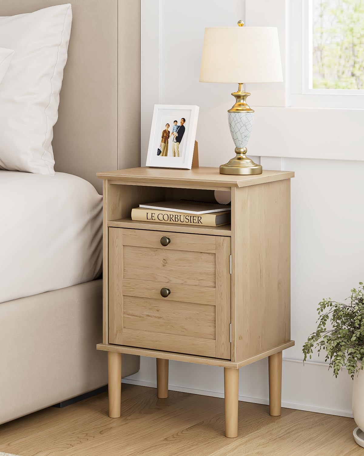 HEYZOEY Farmhouse Wooden Nightstand – Bedside Table with Storage Door