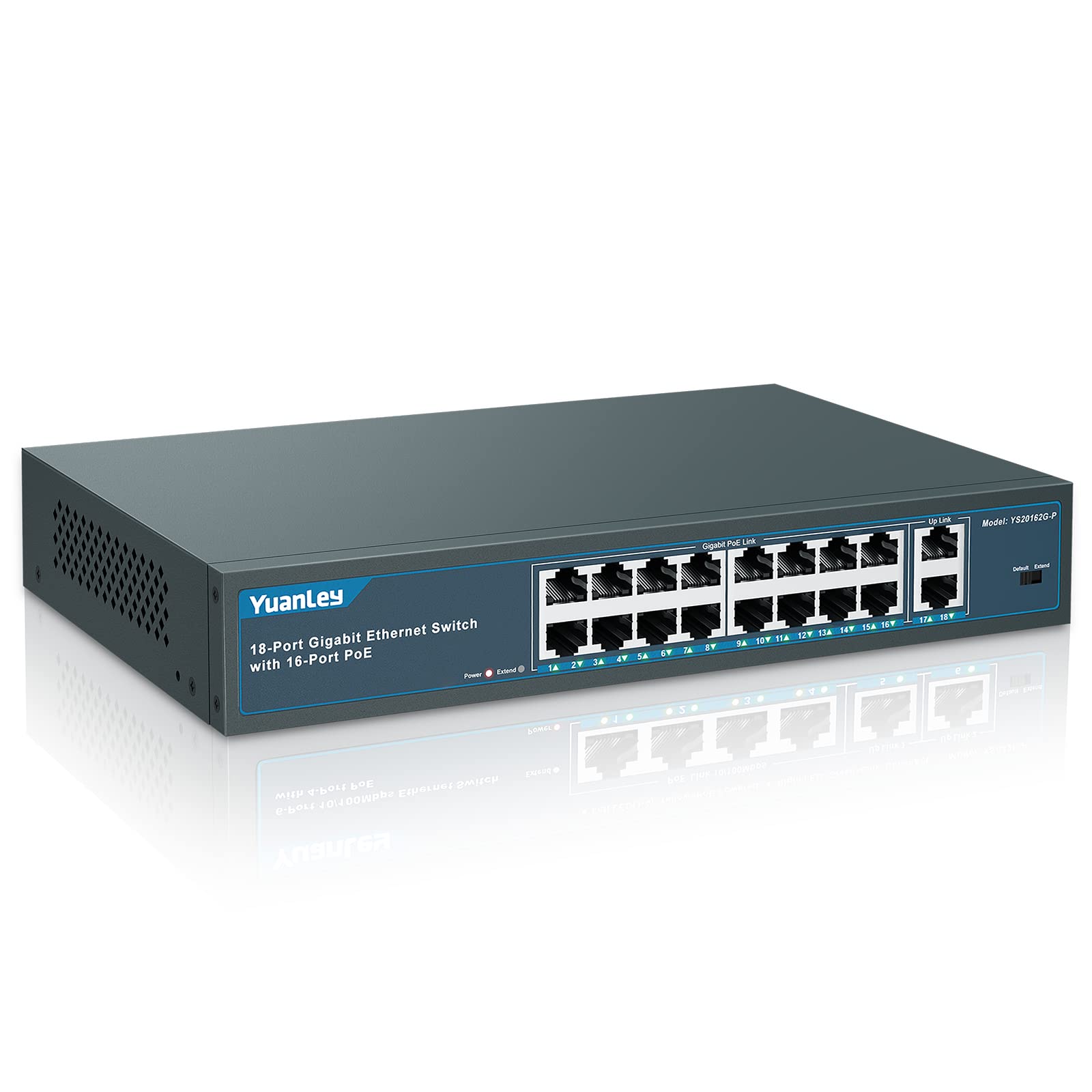 YuanLey 18 Port Gigabit PoE Switch | 16 PoE+ 1000Mbps | 250W Metal Rackmount