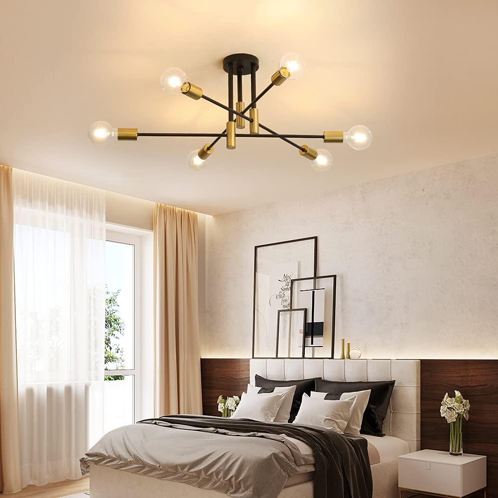 DAXGD 6-Light Modern Sputnik Ceiling Light – Black & Gold Flush Mount