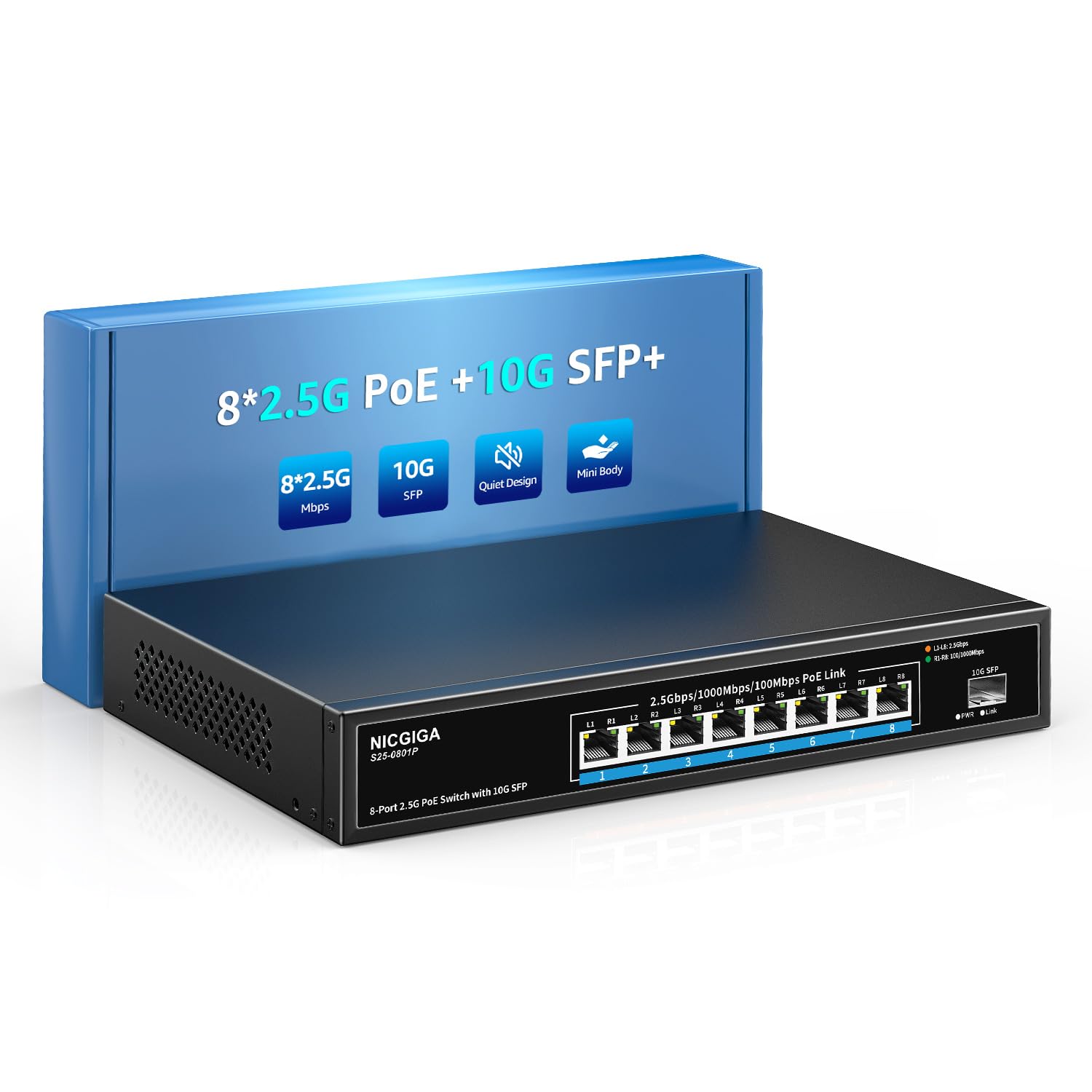 NICGIGA 8-Port 2.5G PoE Switch | 120W Unmanaged with 10G SFP Uplink