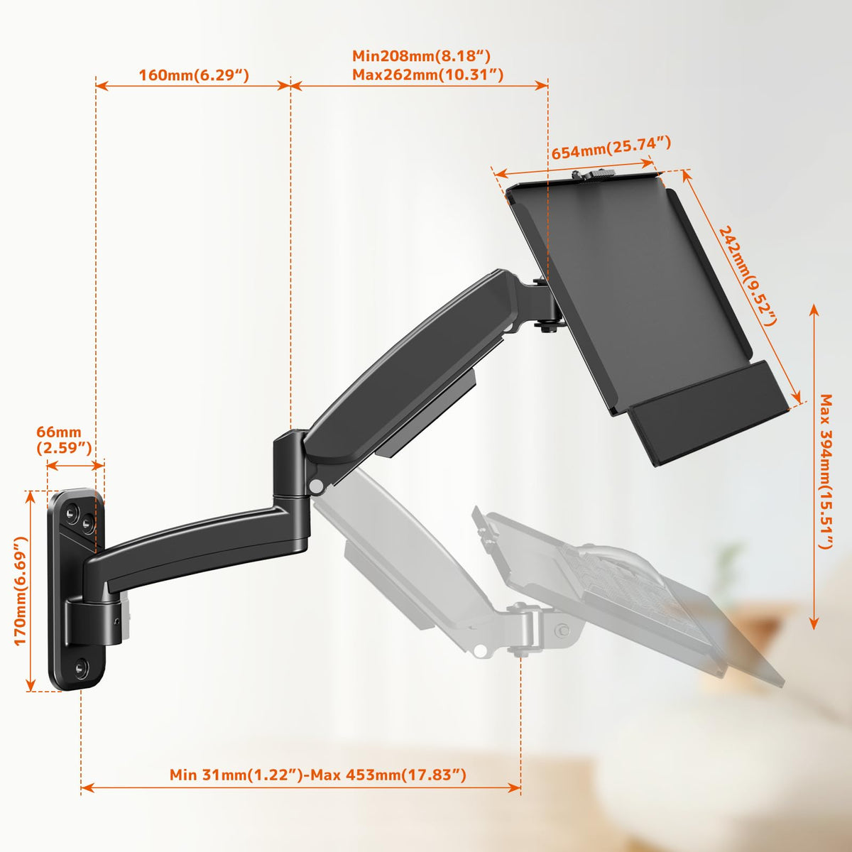 PUTORSEN Wall Mounted Keyboard Tray, Pneumatic Spring, Height Adjustable - image 5