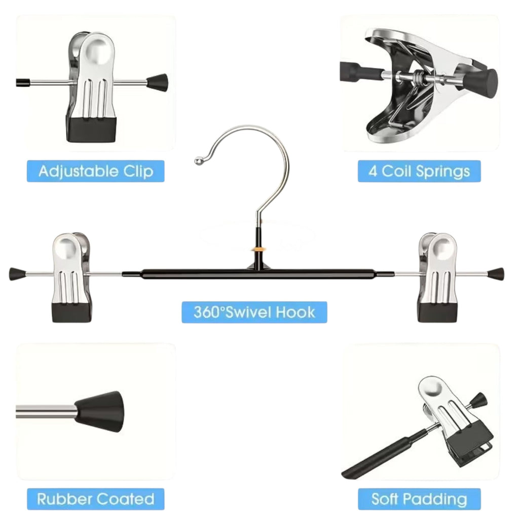 CRIFLOMAR Universal Hangers with Clips, 10 Pieces, 30 cm, Metal Hangers for Trousers and Skirts, Space Saving Black