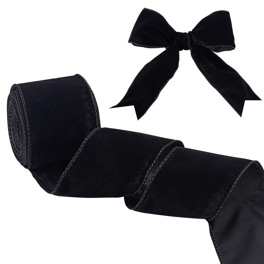 OLYCRAFT Black Soft Velvet Wired Ribbon | 2.5" x 10.9 Yards for Crafts