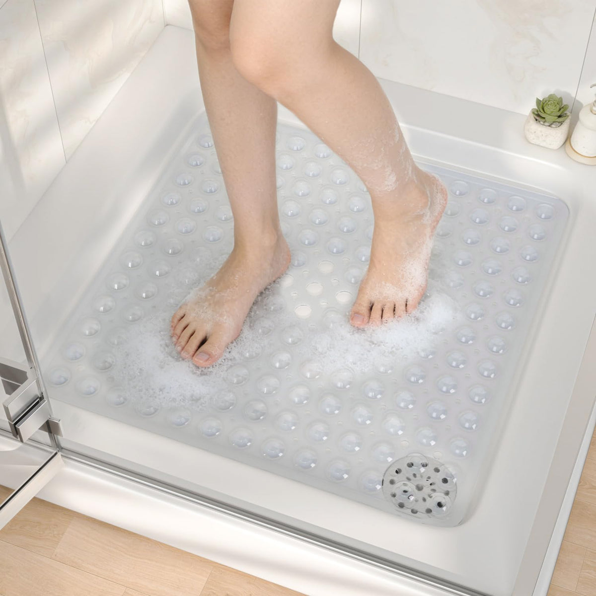 HITSLAM Square Shower Mat Non Slip Anti Mould, 53 x 53cm Bath Mat for Tub with Suction Cups and Drain Holes - image 1