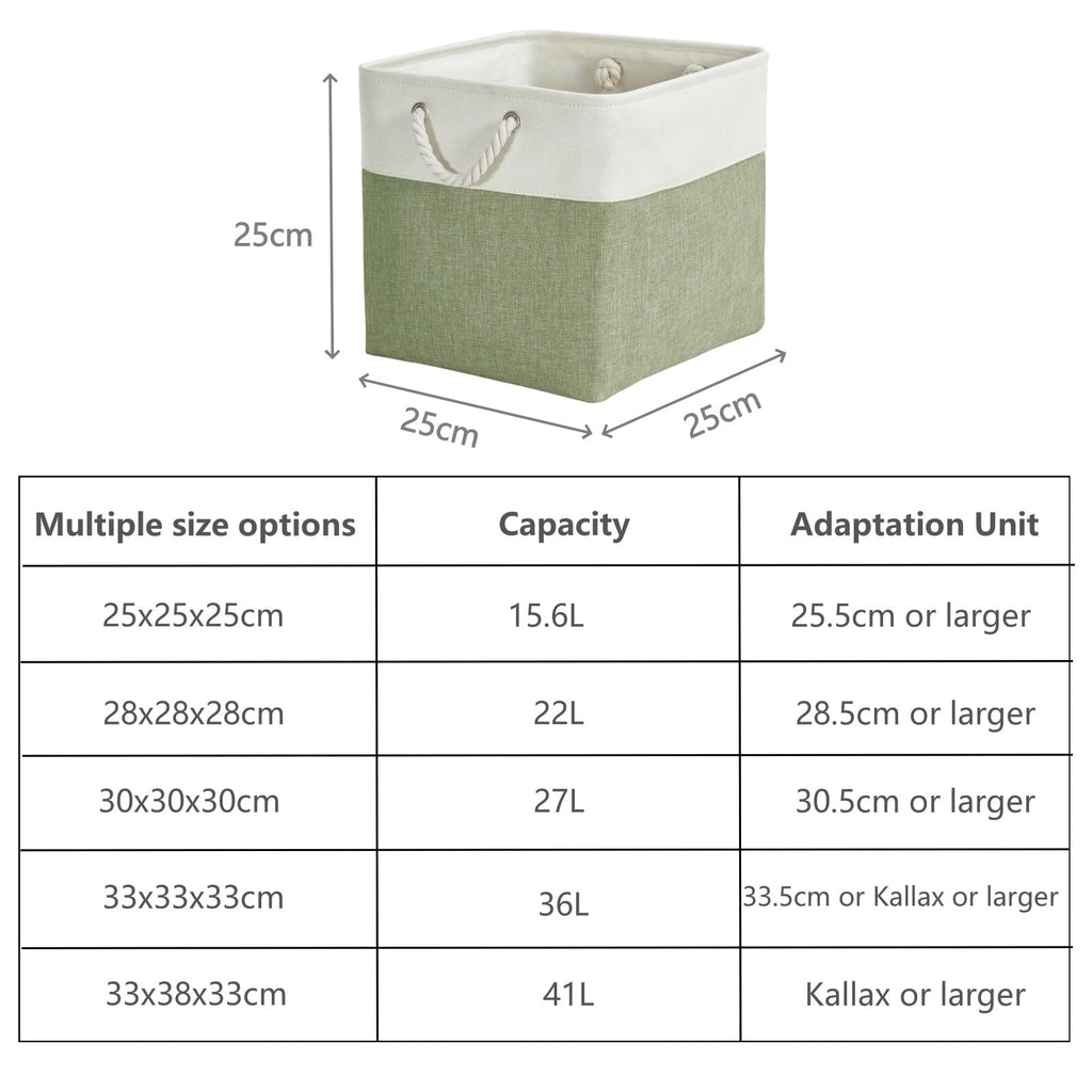 SOCOHOME Fabric Cube Storage Boxes,25x25x25cm Canvas Storage Baskets for Nursery Closet Toys ShelfGreen/White, Set of 3