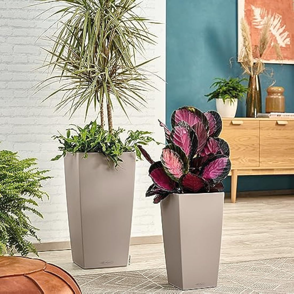 Lechuza CUBICO Color 40 Self-Watering Planter | Sand Brown Poly-Resin