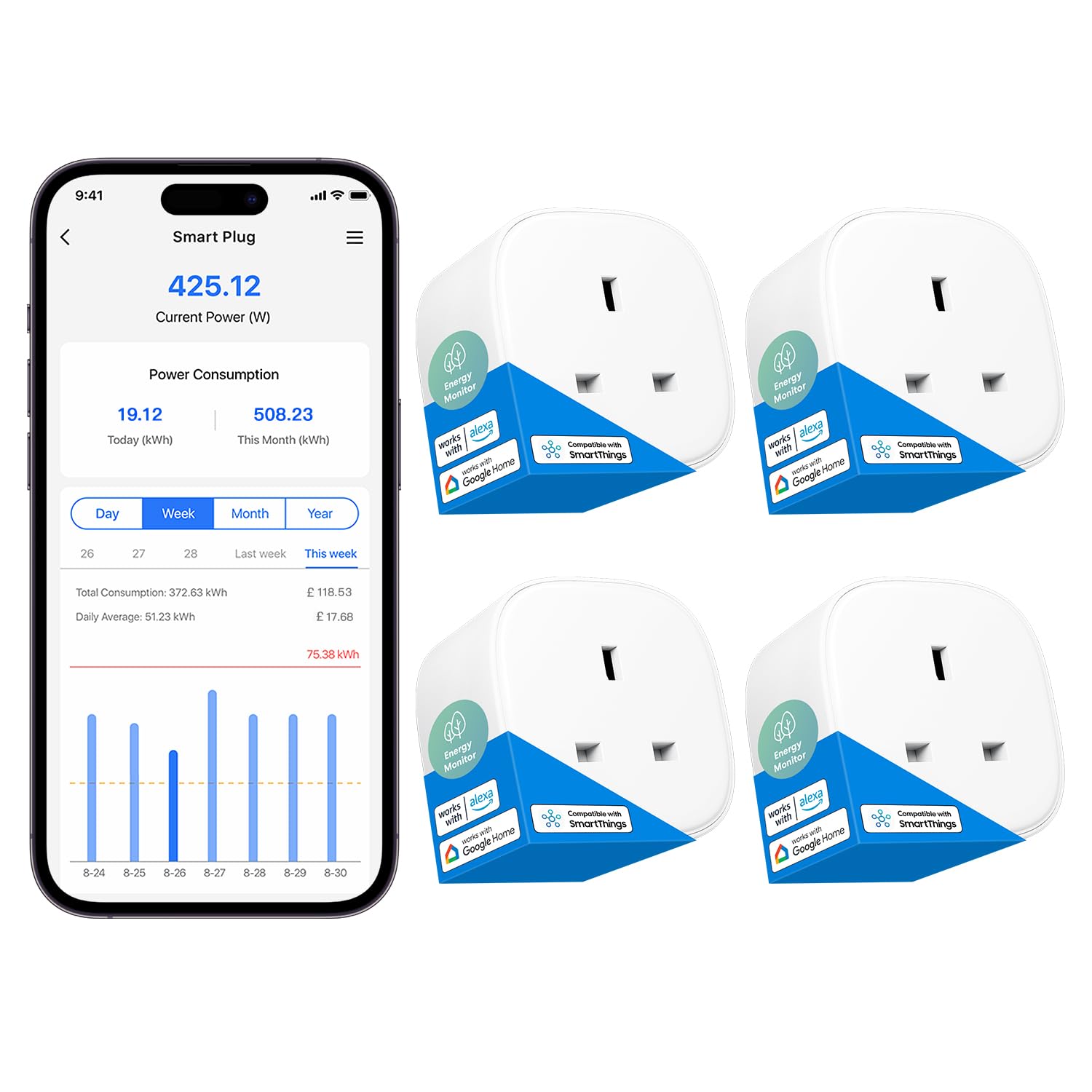 Meross Smart Wi-Fi Plug with Energy Monitor – 13A Smart Socket (4-Pack)