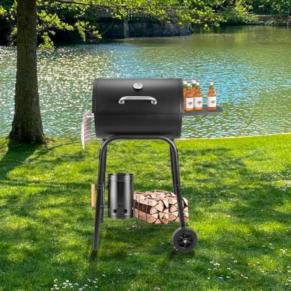 Kendane Barrel Charcoal Grill – Large Outdoor BBQ with Side Shelf