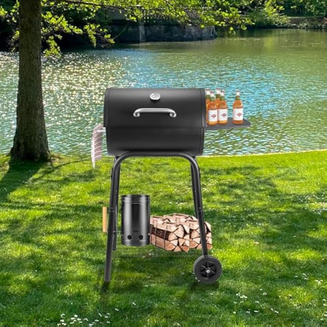 Kendane Barrel Charcoal Grill – Large Outdoor BBQ with Side Shelf