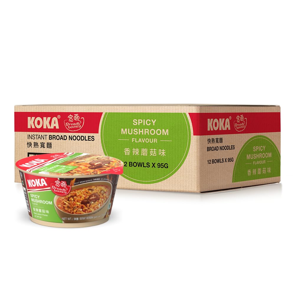 Koka Spicy Mushroom Broad Noodles - Fiery Instant Ramen (12 x 95g Bowls)