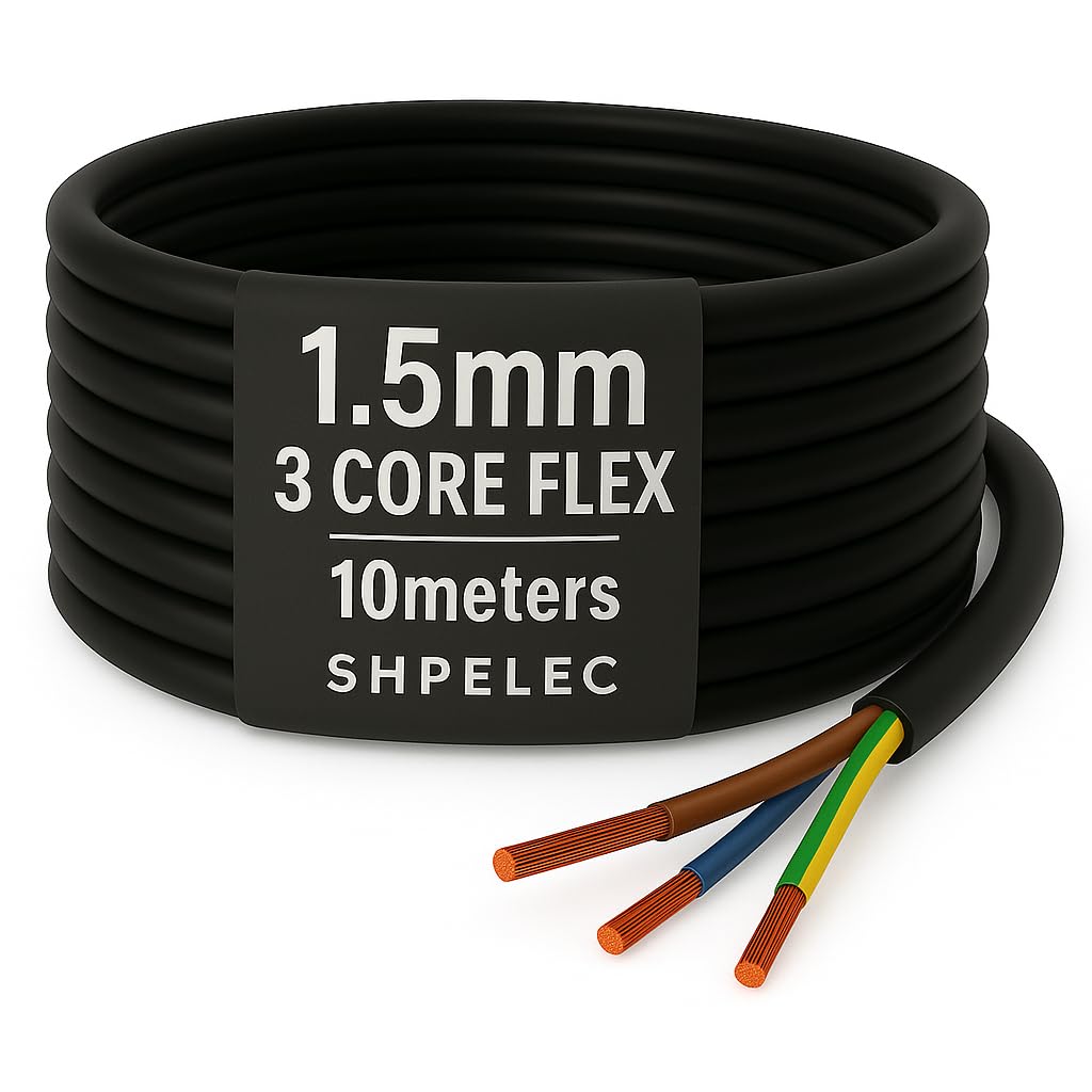 SHPELEC 1.5mm 3 Core Flexible Black Cable - BASEC Approved PVC - 10m