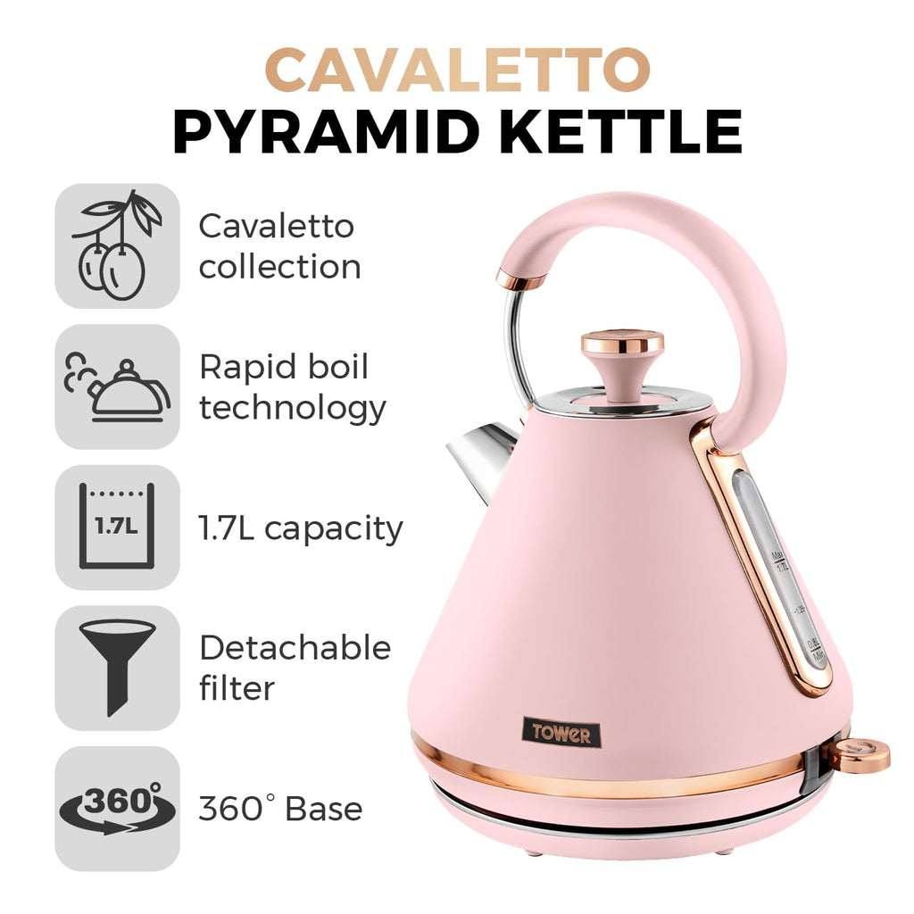 Tower Cavaletto Pyramid Kettle | 1.7L Rapid Boil | Pink & Rose Gold