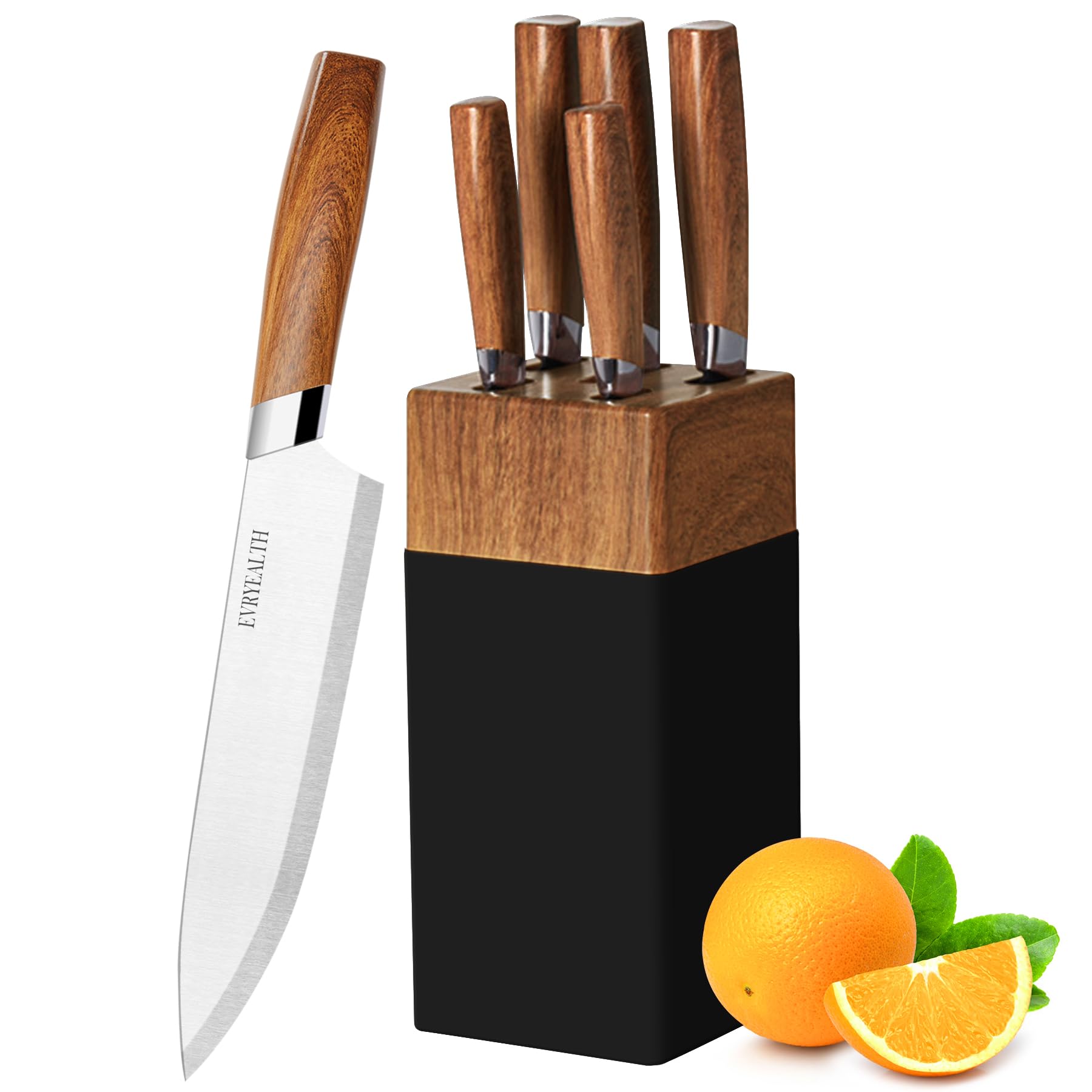 Lapelux 5-Piece Stainless Steel Kitchen Knife Set with Wood Grain Block