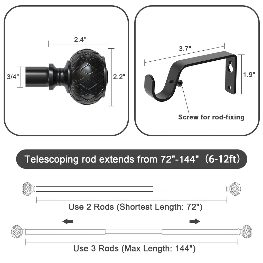 SZXIMU Extendable Curtain Rod | 182-365cm Black Metal Drapery Pole