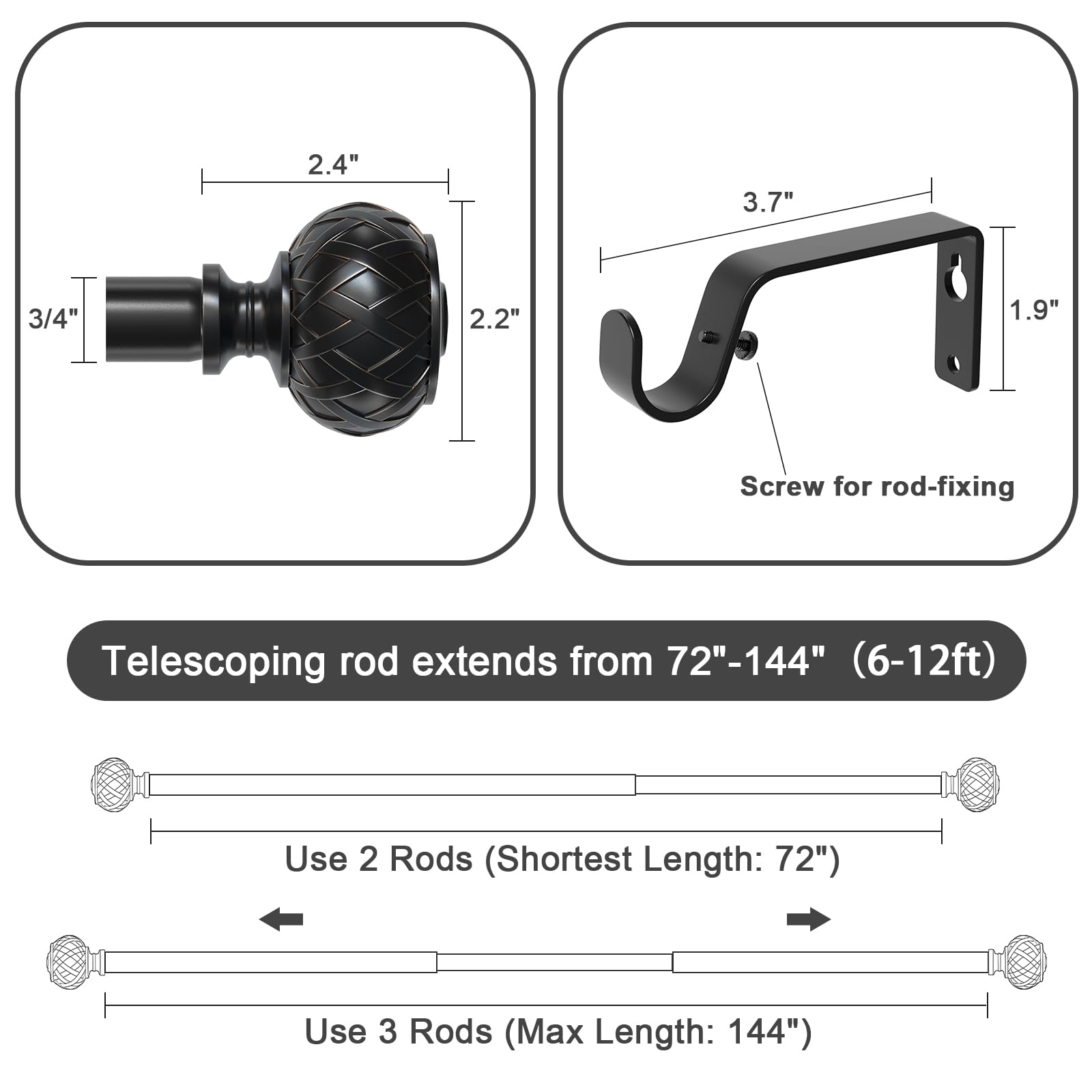 SZXIMU Extendable Curtain Rod | 182-365cm Black Metal Drapery Pole