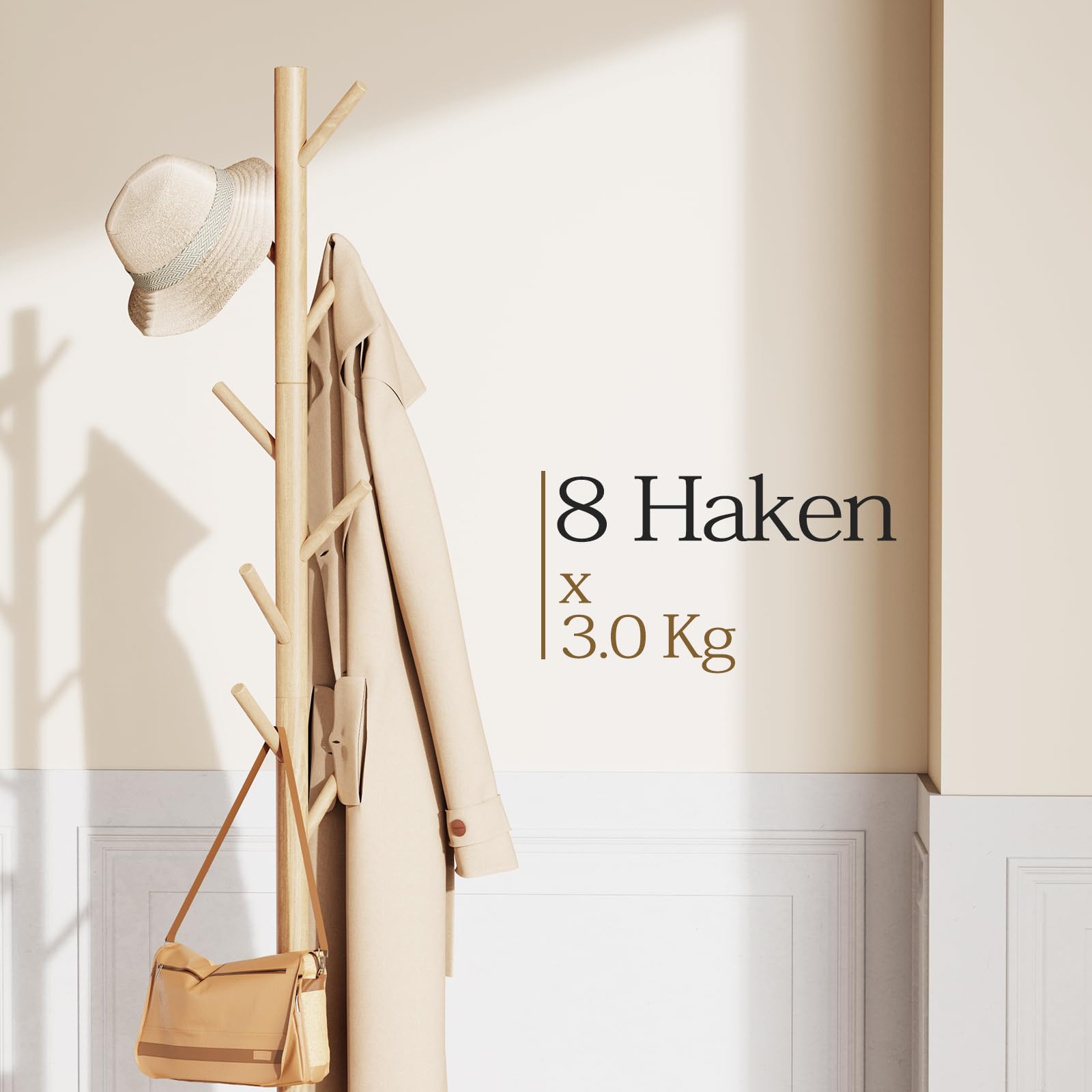Pipishell Wooden Coat Rack – Adjustable Height Freestanding Stand with 8 Hooks