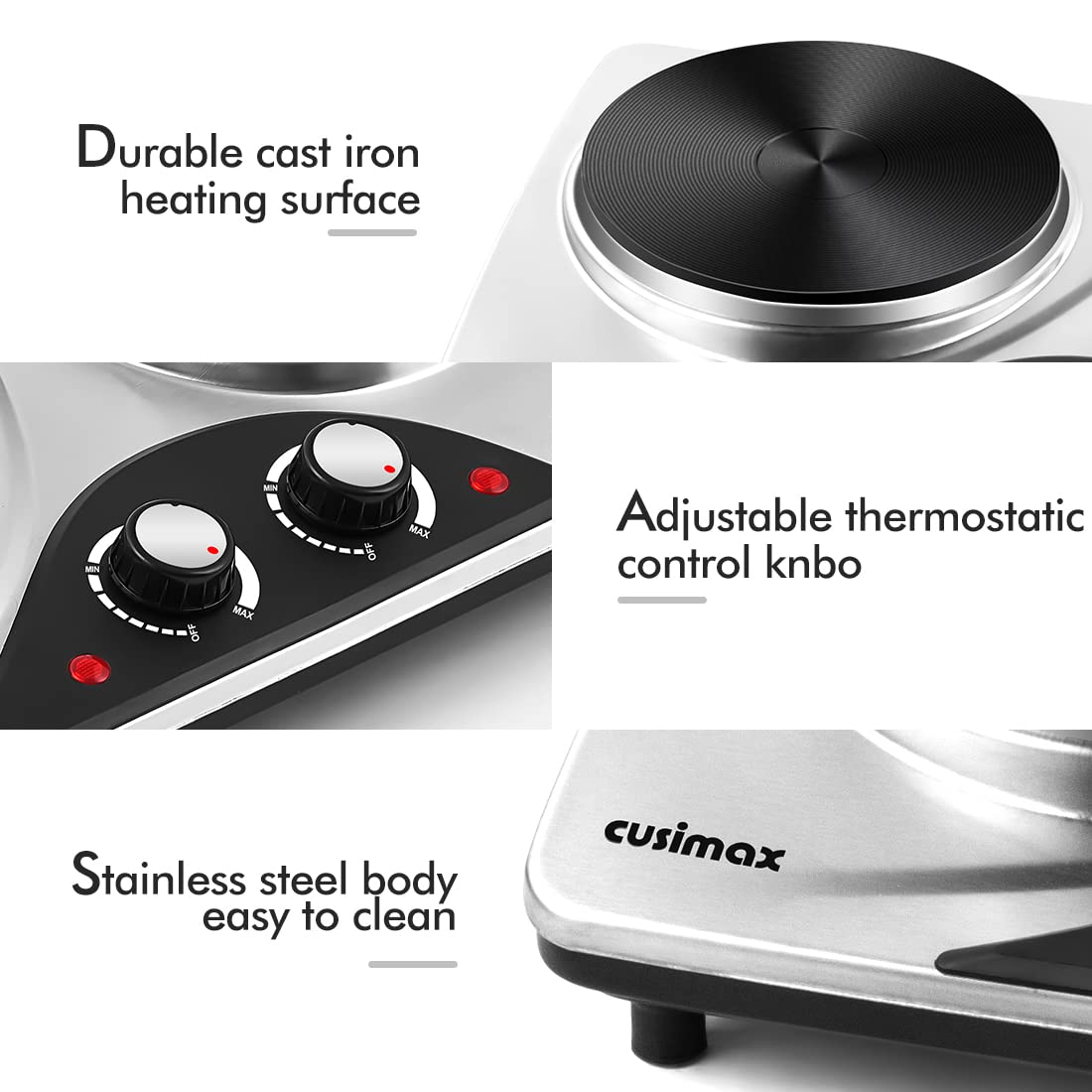 CUSIMAX Double Hot Plate – 2500W Portable Electric Burner Cooktop