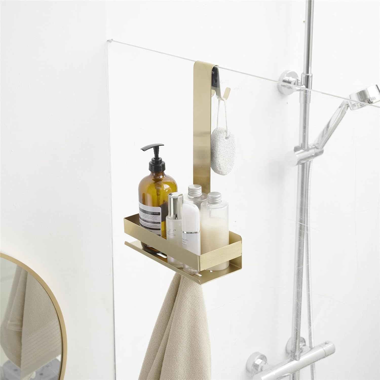 Gudetap Brushed Gold Stainless Steel Shower Caddy for Glass Door Hanging