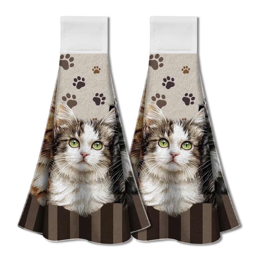 WADORN Cat Kitchen Towels | 2-Pack Absorbent Hanging Hand Dishcloths