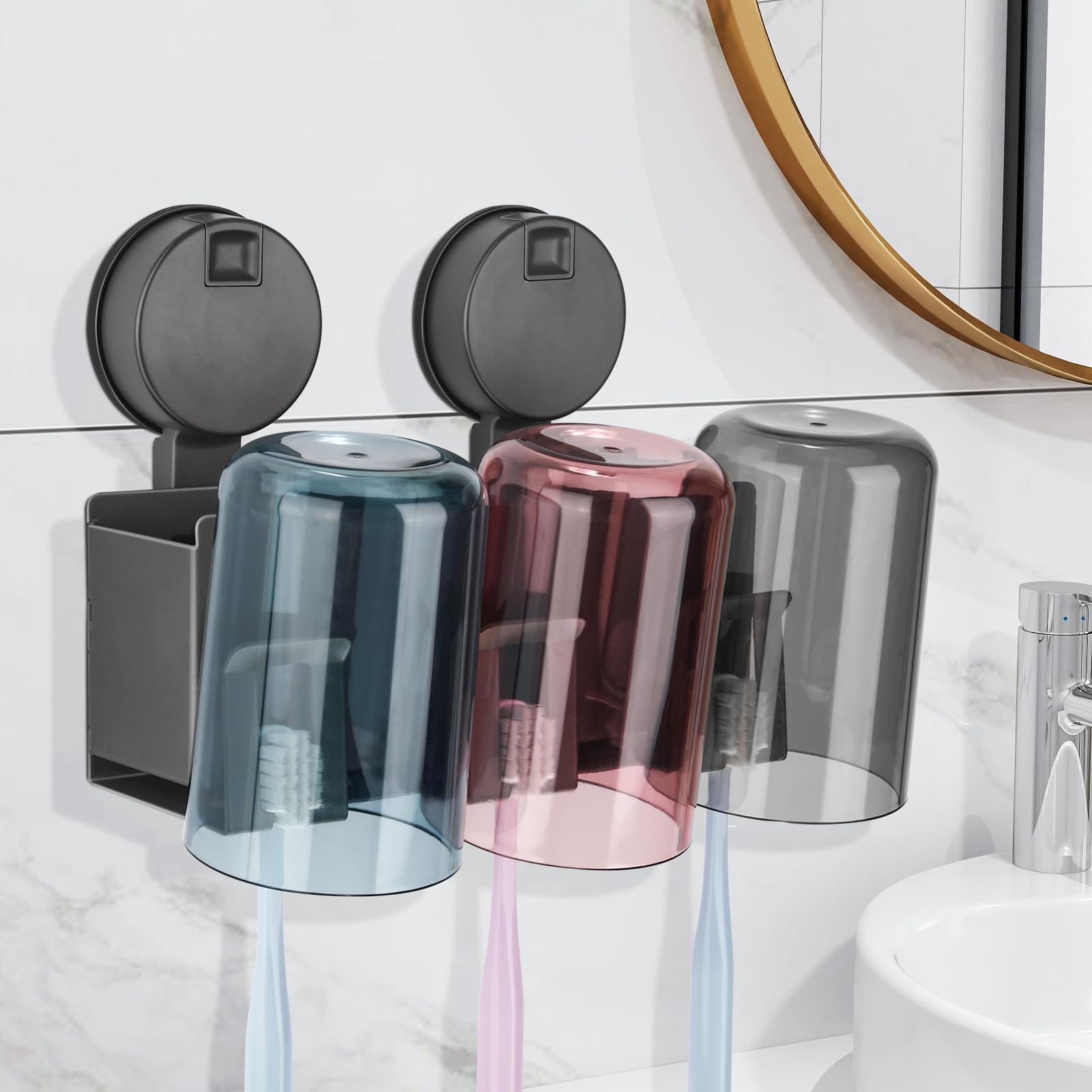 Euqvunn Suction Cup Toothbrush Holder | Aluminium Wall Mount with 3 Cups
