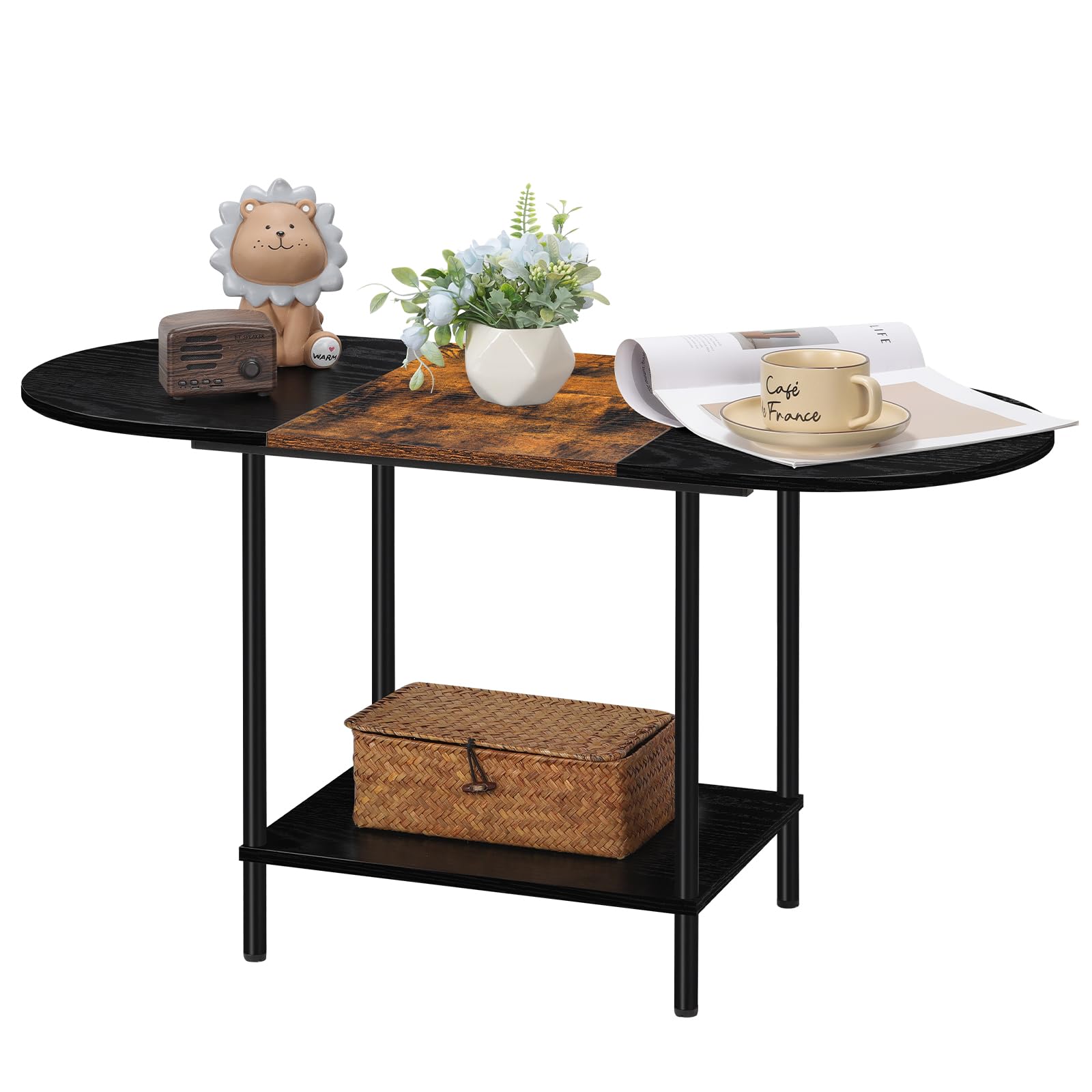 Shinoske Industrial Oval Coffee Table with Storage Shelf – Wood & Metal